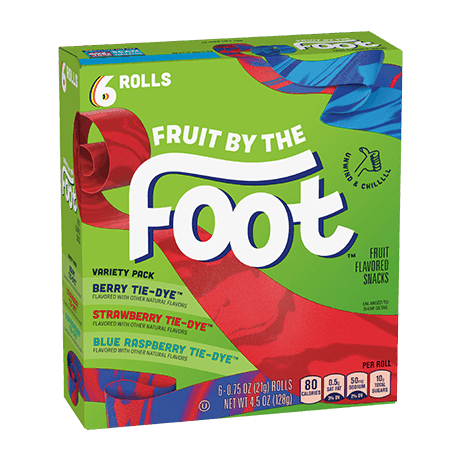Fruit by the Foot Berry Tie Dye, Strawberry Tie Dye, Blue Raspberry Tie Dye Variety pack, front of pack