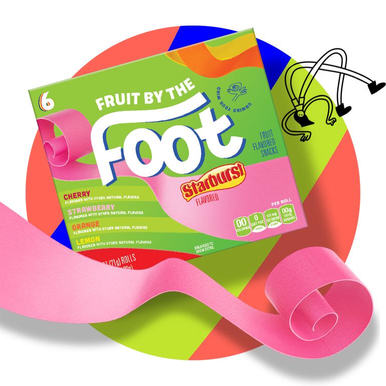 Fruit by the Foot Starburst variety pack including Cherry, Strawberry, Orange, and Lemon flavors, front of pack with multi-colored strips and small illustration next to it